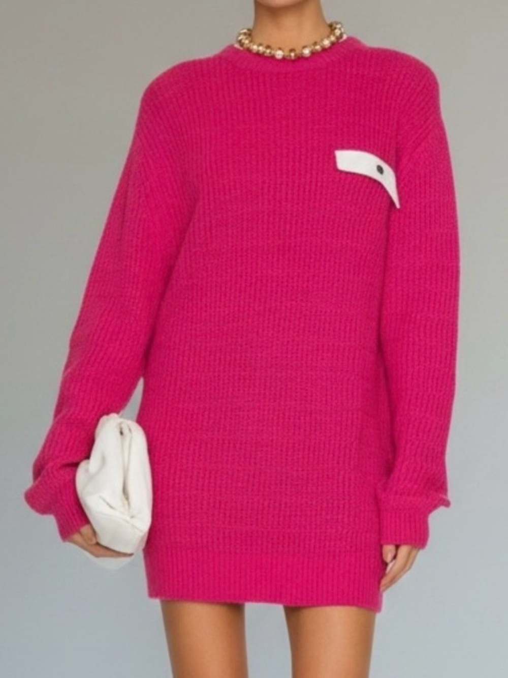 SER.O.YA Valentina knit long crewneck sweater size small hot pink white collar